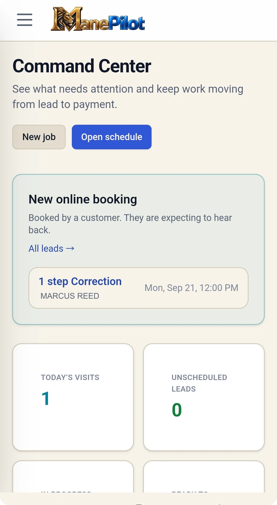 The ManePilot command center on a phone, showing today's visits, a new online booking and outstanding invoices