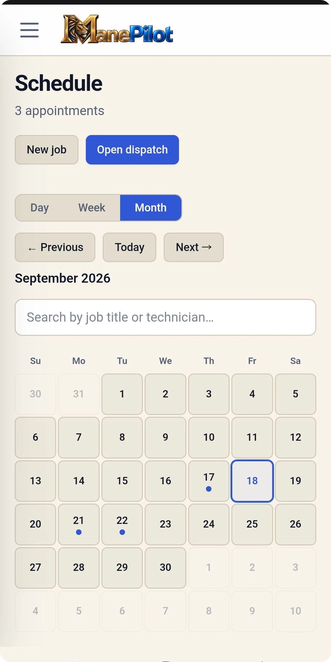The month schedule view with colour-coded appointments